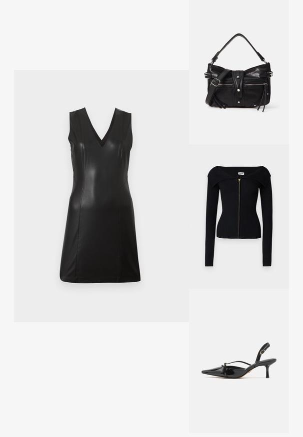 Noisy May NMJULIET CROP - Kardigan - black; Mustat ilmanhihoitta faux nahast kleit V-kaelusega ja istuvate õmblustega, põlvepikkune, heledal taustal.; ALDO MARIETTA PILLOW WALK - Klassikalised kontsakingad - black; Even&Odd H24462 - Käekott - black