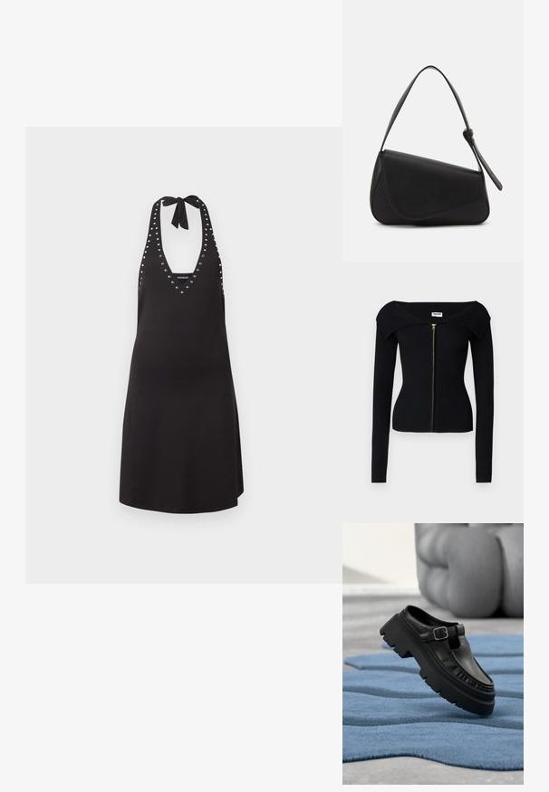 Noisy May NMJULIET CROP - Chaqueta de punto - black; Vestido negro con cuello halter y ribete de ojales plateados a lo largo del escote y los laterales, atado al cuello con un lazo.; Mocasín de cuero negro con suela gruesa de tacos y hebilla plateada, colocado en ángulo sobre una alfombra azul texturizada.; Bolso de mano de cuero negro con forma triangular, tapa en ángulo y un asa superior redondeada. Presenta una textura suave y detalles de diseño minimalistas.