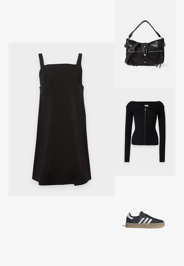 Noisy May NMJULIET CROP - Chaqueta de punto - black; Vestido negro sin mangas con escote cuadrado, hecho de una tela suave, que presenta un corte suelto y recto. Sin patrones ni herrajes visibles.; Zapatilla deportiva de cuero negro con tres rayas plateadas, punta texturizada y suela de goma. Cuenta con un collar acolchado y un diseño con cordones.; Even&Odd by Zalando H24462 - Bolso de mano - black