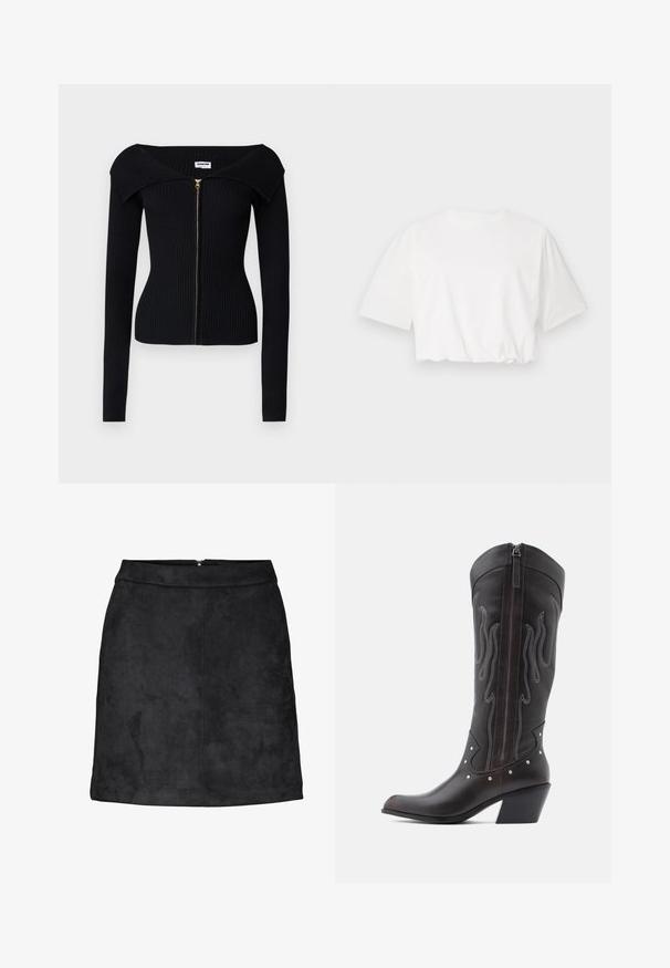Noisy May NMJULIET CROP - Vest - black; Witte cropped t-shirt met korte pofmouwen, ronde halslijn en geplooide onderrand, gemaakt van zachte katoenstof.; Zwarte suède minirok met een gladde textuur, rechte snit en een verborgen ritssluiting aan de achterkant. Minimalistisch ontwerp zonder zichtbare patronen of accenten.; Bruine leren cowboylaarzen met vlamstiksels, zijrits, zilveren studs, spits toelopende neus en gestapelde hak.