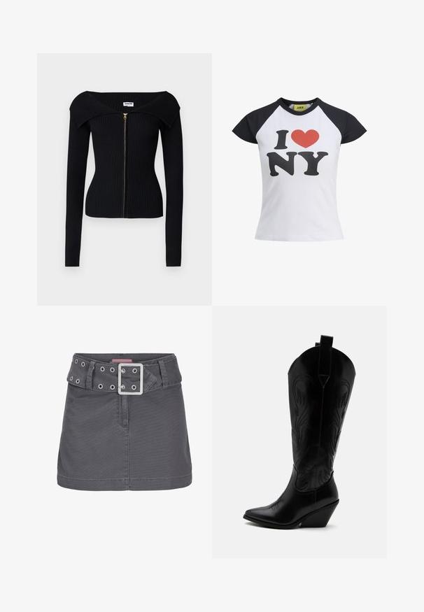Noisy May NMJULIET CROP - Kardigán - black; Biele tričko s čiernymi raglánovými rukávmi, na ktorom je výrazné červené srdce a čierny nápis "I NY". Vyrobené z mäkkej bavlnenej látky.; Sivá bavlnená minisukňa so širokým opaskom so striebornými očkami a štvorcovou kovovou prackou, navrhnutá s čistým, rovný siluetou.; Čierna kožená kovbojská čižma so špicatou špičkou, šikmým blokovým podpätkom, dekoratívnym prešitím a ťahacími pútkami na vrchu na bielom pozadí.