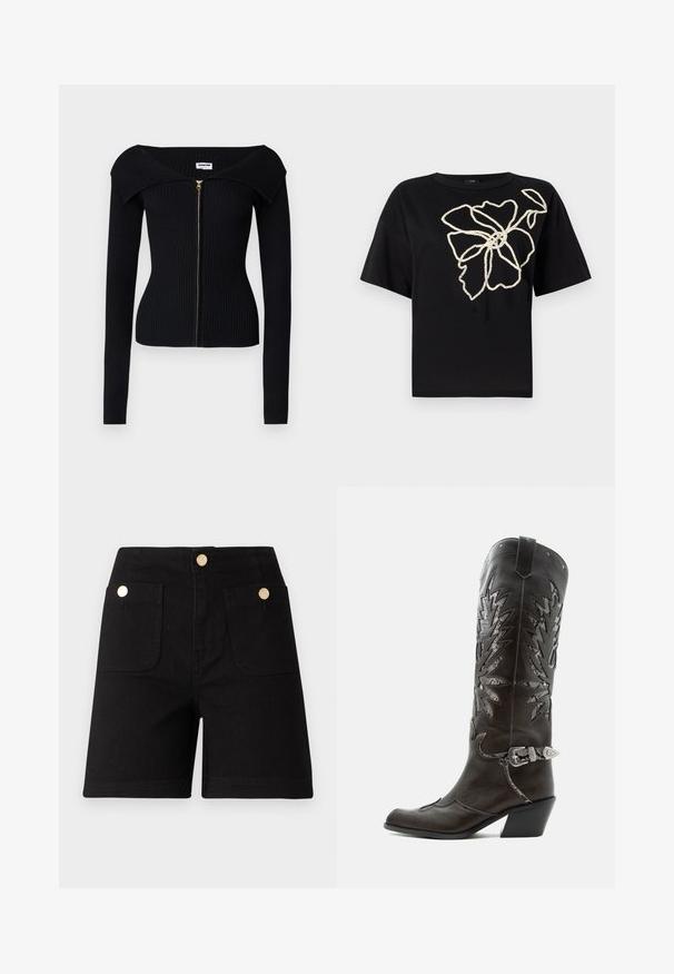 Noisy May NMJULIET CROP - Cardigan - black; Sort kortærmet t-shirt med et blomsterdesign i struktureret crememønster broderi på forsiden, der har en afslappet pasform og rund hals.; Sorte denim shorts med høj talje, der har to forlommer og guldfarvede metalknapper til lukning og detaljer. Glat tekstur.; Sort læder cowboystøvle med dekorative udskæringer, sølvspænde og skrå hæl, vist på hvid baggrund.