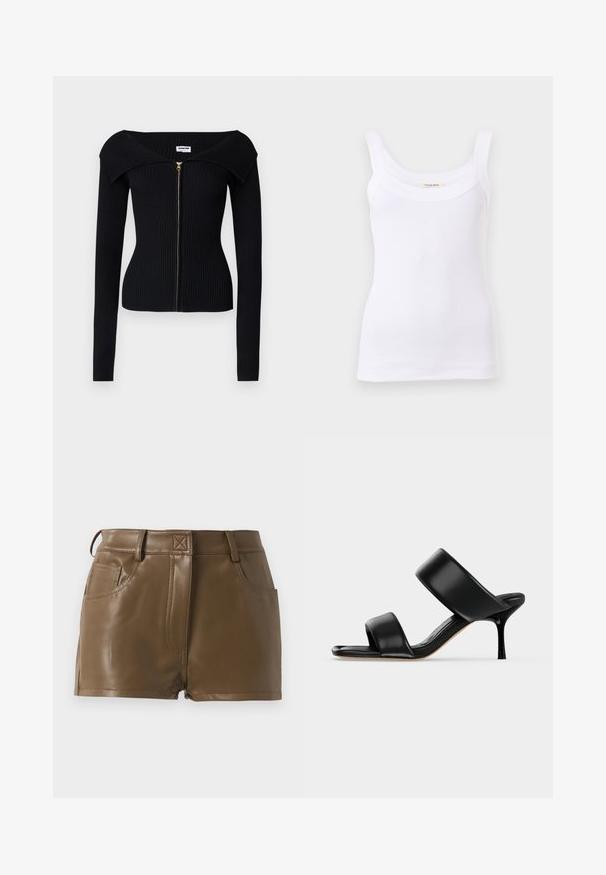 Noisy May NMJULIET CROP - Cardigan - black; Hvid ribbet tanktop med brede skulderstropper og scoop halsudskæring, vist på en ensfarvet lys baggrund.; Brune imitation lædershorts med et tætsiddende design, talje med bæltestropper, forlommer og synlige sømdetaljer.; Sort læder mule sandal med to brede remme og en slank mellemhøj stiletthæl på en ensartet lys baggrund.