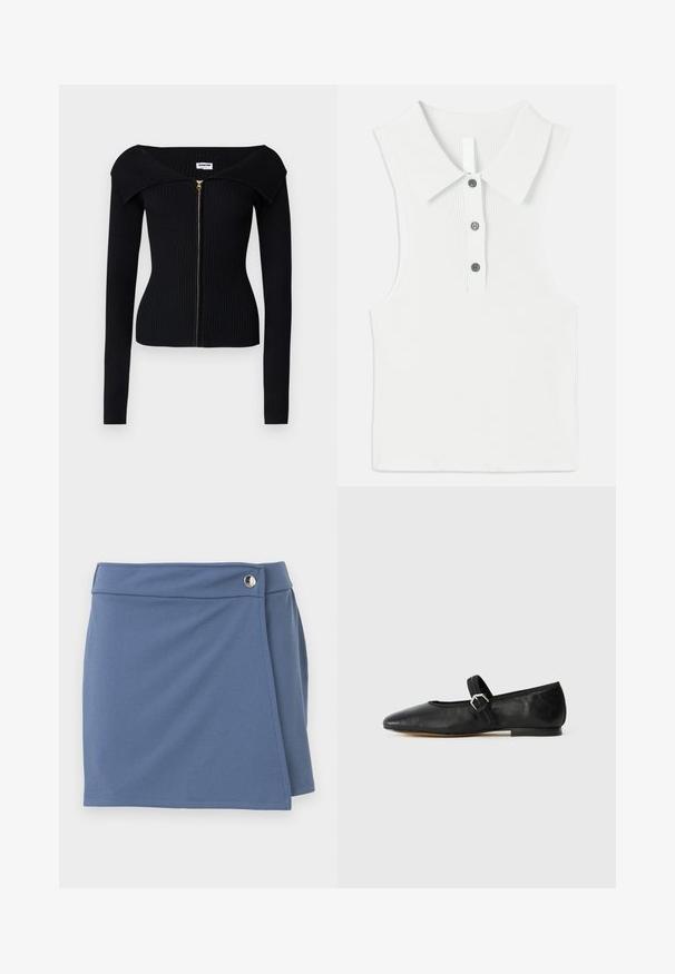 Noisy May NMJULIET CROP - Cardigan - black; Hvid ærmeløs top med ribbet tekstur, der har en klassisk krave og en tre-knaps slids med kontrastfarvede knapper.; Blå slå-om-nederdel med høj talje og sølvknaplukning på højre side, vist mod en hvid baggrund.; Sorte læder balletflade med en spids tå, rem med spænde detaljer og en lav, flad sål. Glat tekstur med minimale designelementer.