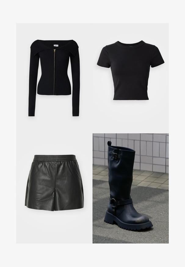 Noisy May NMJULIET CROP - Chaqueta de punto - black; Camiseta corta negra hecha de algodón sólido, con mangas cortas y un cuello redondo, de diseño suave y sencillo.; Pantalones cortos de cuero negro con cintura elástica, diseño a medida y aberturas laterales para mayor libertad de movimiento y ventilación. Textura suave.; Bota negra de cuero hasta la mitad de la pantorrilla con suela gruesa, hebilla metálica cerca de la parte superior y una correa con detalle de anilla sobre el tobillo, sobre una superficie pavimentada.