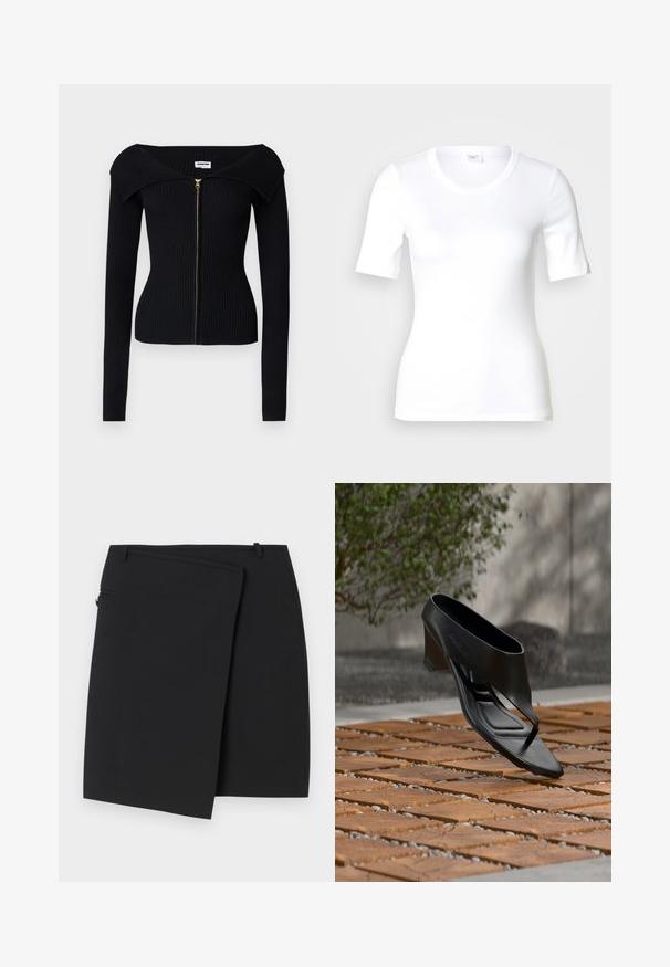 Noisy May NMJULIET CROP - Cardigan - black; Hvid T-shirt med korte ærmer lavet af glat bomuld, med rund halsudskæring og en tætsiddende pasform. Klassisk design uden mønstre eller detaljer.; Sort omslag nederdel med en glat tekstur, der har en lynlås i siden og to bæltestropper. Simpelt design uden synlige mønstre eller detaljer.; Sort højhælet sandal med thongsrem, svævende over et mønstret træ- og grusbelagt udendørsareal med sløret grønt område og væg i baggrunden.