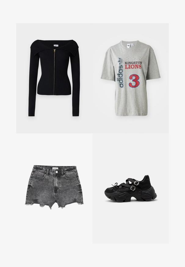 Noisy May NMJULIET CROP - Cardigan - black; Grå bomulds t-shirt med "adidas" logo, teksten "KINGSTON LIONS" i rød og sort samt et stort rødt "3" grafisk element på forsiden. Korte ærmer.; Sorte denim shorts med en slidt kant, der har fem lommer, en metalknap og en falmet overflade. Brandlabel synligt på linningen.; Sort chunky sneaker med tyk sål, to justerbare stropper med sølvspænder og snøredetalje foran.