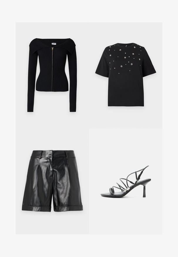 Noisy May NMJULIET CROP - Vest - black; Zwart t-shirt met korte mouwen, ronde hals en verspreide zilveren versieringen in bloemmotieven over de voorkant.; Zwarte leren shorts met een glanzende afwerking, voorplooien en een opgerolde zoom. Strak ontwerp met een op maat gemaakte tailleband en minimale hardware.; Zwarte high-heel sandaal met dunne gebogen bandjes, zilveren accenten en een verstelbare enkelgesp op een witte achtergrond.