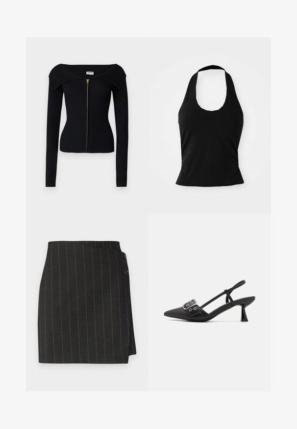 Noisy May NMJULIET CROP - Vest - black; Zwarte haltertop gemaakt van zacht materiaal, met een ronde hals en een getailleerde pasvorm, voorzien van een gladde textuur en zonder zichtbare patronen.; Zwarte pinstripe rok met een op maat gemaakte pasvorm, voorzien van een asymmetrisch wikkeldesign en twee knopen bij de taille voor sluiting.; Simmi London DALA - Klassieke pumps - black