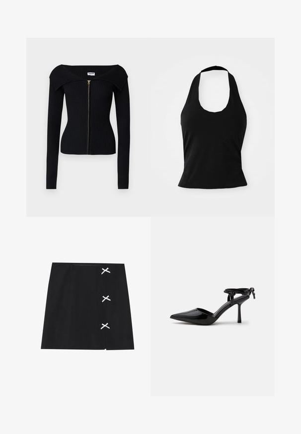 Noisy May NMJULIET CROP - Neuletakki - black; Mustan värinen halter top, joka on valmistettu pehmeästä kankaasta. Siinä on kaarrettu pääntie ja mukautuva siluetti, jossa on sileä pinta eikä näkyviä kuvioita.; Musta mini hame, jossa on sileä pinta, vasemmalla puolella valkoiset risteytyneet nauhat. Yksinkertainen malli, suora leikkaus.; Mustasta patenttinahasta valmistettu korkokenkä, jossa on kärkiosa ja nilkkaremmi takaa solmittuna, esitetty yksiväristä valkoista taustaa vasten.