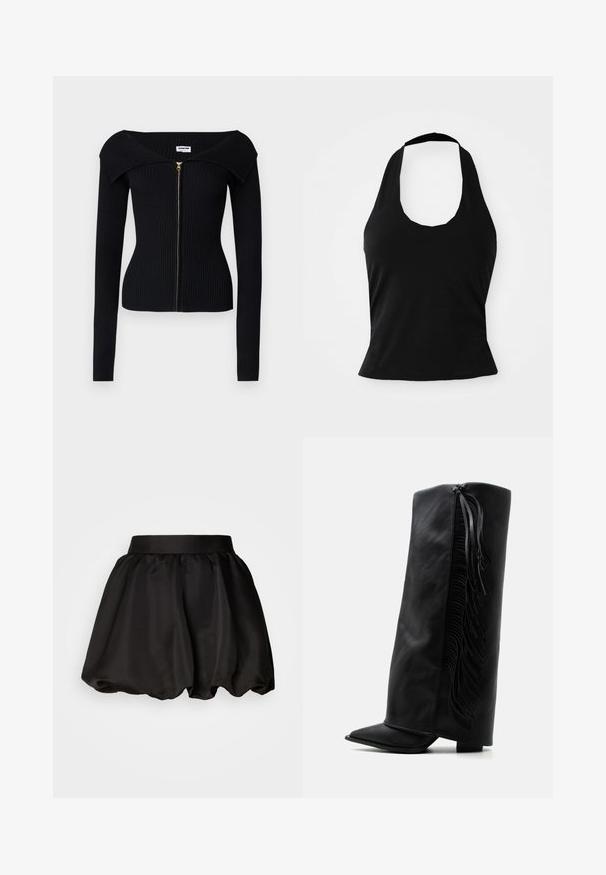 Noisy May NMJULIET CROP - Chaqueta de punto - black; Top negro tipo halter hecho de una tela suave, con un escote redondeado y una silueta ajustada, con una textura lisa y sin patrones visibles.; Falda de satén negra con una cinturilla ancha, que presenta una forma burbuja volumétrica. Textura suave sin patrones visibles ni detalles de hardware.; Bota negra de cuero hasta la rodilla con puntera puntiaguda y flecos decorativos a lo largo del lateral exterior sobre un fondo blanco liso.