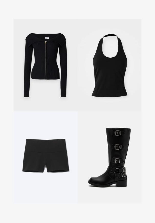Noisy May NMJULIET CROP - Gilet - black; Haut halter noir en tissu doux, avec un col rond et une silhouette ajustée, à la texture lisse et sans motifs visibles.; Short de sport noir extensible taille haute avec une large ceinture et une jambe courte sur fond clair uni.; Botte en cuir noire mi-mollet avec quatre boucles métalliques réglables et un petit talon bloc sur fond blanc.