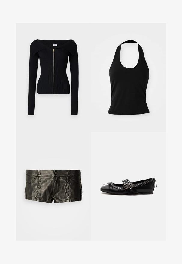 Noisy May NMJULIET CROP - Chaqueta de punto - black; Top negro tipo halter hecho de una tela suave, con un escote redondeado y una silueta ajustada, con una textura lisa y sin patrones visibles.; Pantalones cortos de cuero negro de tiro bajo con botones metálicos decorativos en el frente y los lados, con bolsillos delanteros y detalles de costura.; Zapato de ballet plano negro con correas de doble hebilla, ojales plateados y un pequeño lazo cerca de la puntera redondeada sobre un fondo blanco.