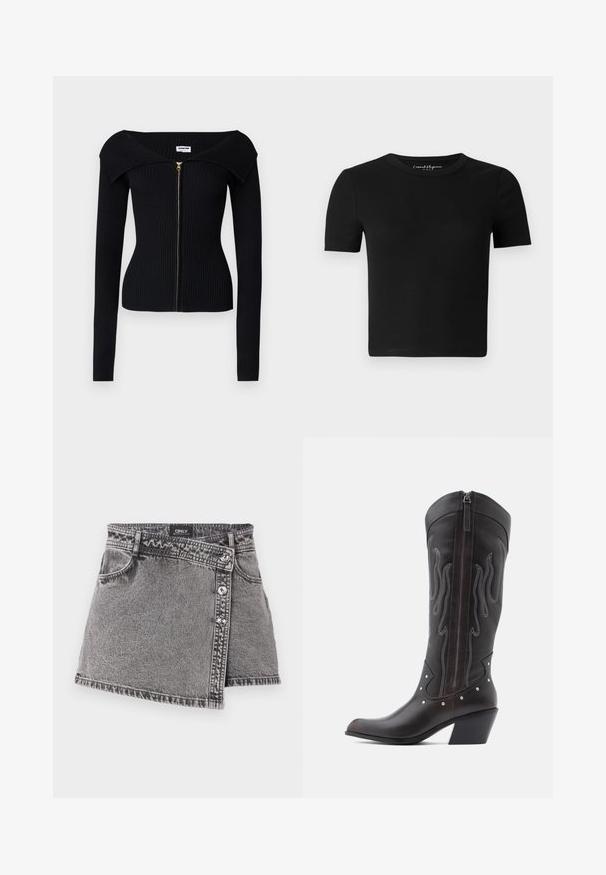Noisy May NMJULIET CROP - Cardigan - black; Sort tætsiddende T-shirt med korte ærmer, ribbet tekstur og rund halsudskæring. Simpelt design uden synlige logoer eller pynt.; Grå denim mini nederdel med et asymmetrisk snit, prydet med sølvknapdetaljer og en lomme på forsiden. Blød tekstur og afslappet design.; Brune læder cowboystøvler med flammebroderi, sidelukning med lynlås, sølvnitter, spids snude og lagdelt hæl.