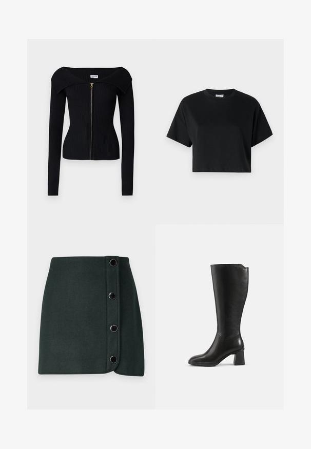 Noisy May NMJULIET CROP - Vest - black; Zwarte cropped t-shirt met korte mouwen, ronde halslijn, gemaakt van gladde katoenen stof, met een minimalistisch ontwerp en subtiele stikdetails.; Donkergroene wolmix wikkelrok met een zijsluiting, voorzien van vijf metalen knopen en een zachte textuur.; Zwarte leren kniehoge laars met blokhak en afgeronde neus, zijaanzicht op een effen achtergrond.