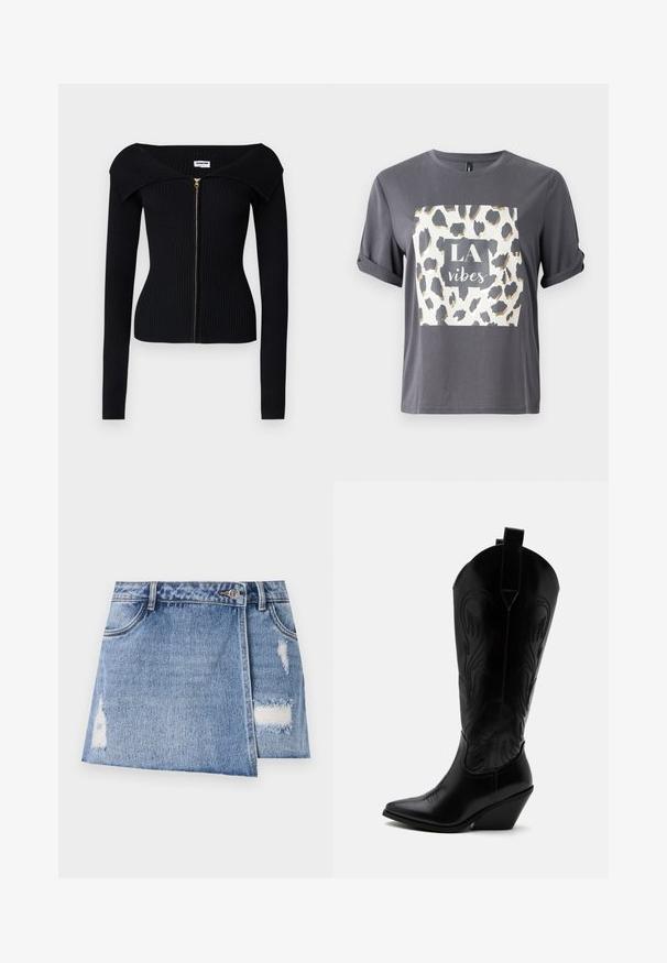 Noisy May NMJULIET CROP - Gilet - black; T-shirt gris avec un design de motif léopard en or et noir, et le texte "LA vibes" dans un carré central à l'avant. Manches courtes.; Jupe en denim mini en bleu clair avec des zones décolorées et des détails usés. Elle dispose d'une fermeture à boutons à l'avant et d'une conception traditionnelle à cinq poches.; Botte de cowboy en cuir noir avec bout pointu, talon bloc incliné, couture décorative et languettes en haut sur fond blanc.