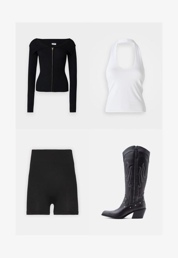 Noisy May NMJULIET CROP - Cardigan - black; Hvid halterneck top med scoop-udskæring, lavet af glat, strækbart stof. Har et minimalistisk design uden dekorative elementer eller mønstre.; Sorte ribbede cykelshorts med høj talje og blød tekstur, der har en glat overflade og ingen synlige sømme.; Sorte cowboystøvler i læder med spids tå, synlige sømme, sølvfarvede nitte-detaljer og lynlås på den indvendige side.