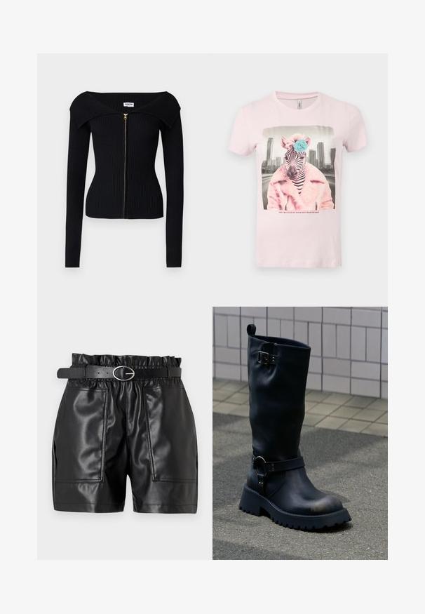 Noisy May NMJULIET CROP - Chaqueta de punto - black; Camiseta rosa claro con un gráfico de una cebra con un abrigo de piel sintética rosa y una flor azul en la cabeza, con un fondo de horizonte urbano.; Pantalones cortos de cuero sintético negro con una cinturilla elástica, una textura suave y dos bolsillos frontales, complementados por un cinturón estrecho con hebilla plateada.; Bota negra de cuero hasta la mitad de la pantorrilla con suela gruesa, hebilla metálica cerca de la parte superior y una correa con detalle de anilla sobre el tobillo, sobre una superficie pavimentada.