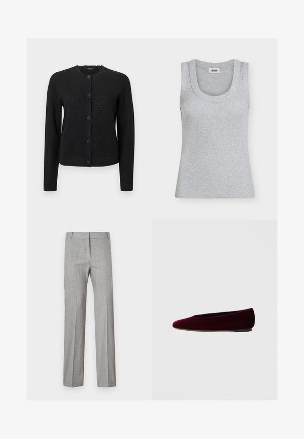 Cardigan noir avec un motif texturé, encolure ronde, manches longues et fermeture à boutons ornés de boutons décoratifs en forme de fleurs.; Débardeur gris côtelé sans manches avec un col rond et une petite étiquette à l’intérieur du dos indiquant "DRYKORN".; Pantalon droit gris clair à motif à carreaux subtil, avec fermeture éclair avant et passants pour ceinture, posé à plat sur un fond blanc.; Ballerines en velours bordeaux avec un bout arrondi et un talon bas, présentant une texture lisse et un design élégant.