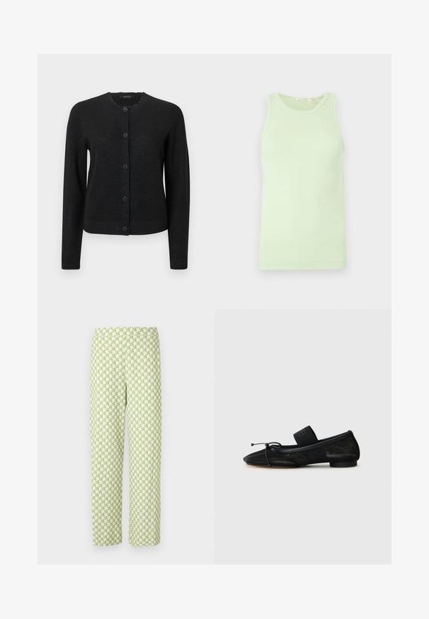 Cardigan noir avec un motif texturé, encolure ronde, manches longues et fermeture à boutons ornés de boutons décoratifs en forme de fleurs.; Débardeur vert clair sans manches avec encolure ronde, tissu lisse et détail subtil du logo sur l'ourlet inférieur.; Pantalon droit à motif pied-de-poule vert clair et blanc avec une ceinture élastique sur un fond uni.; Chaussure plate noire avec un bout pointu, fabriquée en tissu texturé, avec un accent à nœud et un petit talon rond. Sangle élastique au niveau de la cheville.