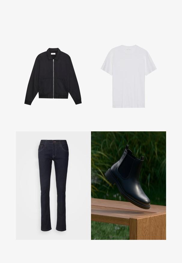 Veste noire zippée avec col, deux poches avant, poignets côtelés et finition en tissu texturé. Design simple et moderne.; T-shirt en coton blanc à manches courtes, col rond et texture lisse. Présente un branding minimal au niveau du col.; Jeans en denim bleu foncé avec une jambe droite, dotés de poches avant, d'une fermeture à bouton et de détails de surpiqûres subtils. Design classique.; Bottine en cuir noir avec des panneaux latéraux en élasthanne flottant au-dessus d'un banc en bois, arrière-plan de feuillage vert.