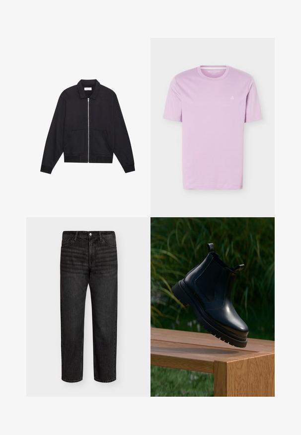 Veste noire zippée avec col, deux poches avant, poignets côtelés et finition en tissu texturé. Design simple et moderne.; T-shirt mauve clair à manches courtes avec col rond et petit logo blanc "M OP" sur le côté gauche de la poitrine, présenté sur un fond blanc.; Jeans en denim noir avec une coupe droite, présentant une taille mi-haute, cinq poches et une fermeture à bouton en métal. Texture lisse avec des décolorations subtiles.; Bottine Chelsea en cuir noir avec un bout arrondi, une semelle en caoutchouc épaisse et des panneaux élastiques sur les côtés, exposée sur une surface en bois avec de la verdure en arrière-plan.