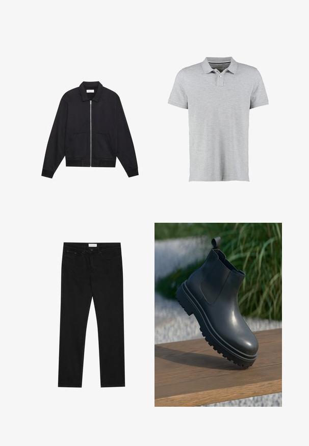 Zwarte ritssluiting jack met een kraag, twee voorkruiszakken, ribgebreide manchetten en een textuurstofafwerking. Eenvoudig en modern ontwerp.; Grijze polo met korte mouwen, gemaakt van zachte stof, met een twee-knops sluiting en een subtiel ribbelkraagdesign.; Zwarte straight-leg jeans met een vijf-pocket ontwerp, knoop- en ritssluiting, en een Pier One merklabel op de tailleband.; Zwarte rubberen enkelboot met een gestructureerde afwerking, dikke, getreadde zool, elastische zijpanelen en een trekband aan de achterkant, rustend op een houten oppervlak.
