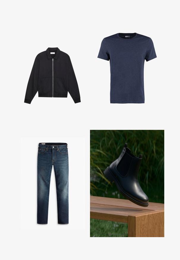 Zwarte ritssluiting jack met een kraag, twee voorkruiszakken, ribgebreide manchetten en een textuurstofafwerking. Eenvoudig en modern ontwerp.; Navyblauwe T-shirt met korte mouwen, gemaakt van katoen. Het heeft een ronde hals en een zachte, gemêleerde textuur zonder zichtbare patronen of accenten.; Donkerblauwe denim jeans met een rechte pasvorm, vijf zakken en koperen hardware-accenten. Vervaagde gebieden op de broekspijpen zorgen voor een contrast in textuur.; Zwarte leren enkelboot met elastische zijpanelen zwevend boven een houten bank, groene loof achtergrond.