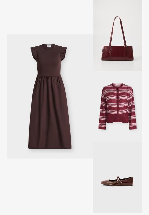 Cardigan bordeaux boutonné avec des rayures blanches horizontales, manches longues et col rond, présenté sur un fond uni.; Robe midi marron foncé sans manches avec des détails volantés aux épaules et un corsage côtelé ajusté avec une jupe froncée sous la taille.; Ballerine en cuir verni marron avec un bout carré et une lanière ornée d'une petite boucle dorée. Texture lisse, talon bas et design minimaliste.; Sac à main bordeaux en matériau brillant, de forme rectangulaire, avec deux anses et des accents légèrement courbés à l'avant.