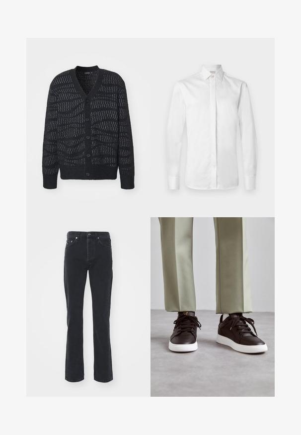 Schwarze Strickjacke mit strukturiertem Muster, mit tiefem V-Ausschnitt, sechs Knöpfen und gerippten Bündchen. Auffälliges gewebtes Design verleiht subtile Details.; Weißes Langarmhemd aus glattem Baumwollstoff mit spitzem Kragen, Knopfleiste und Knopfmanschetten, das ein frisches und sauberes Design aufweist.; Schwarze Jeans aus Denim mit geradem Bein, ausgestattet mit fünf Taschen und einem Knopfverschluss. Der Stoff hat eine subtile Textur und eine robuste Verarbeitung.; Braune Leder-Sneaker mit Perforierungen, flacher weißer Gummisohle und schwarzen Schnürsenkeln, kombiniert mit hellgrünen, schmal zulaufenden Hosen.