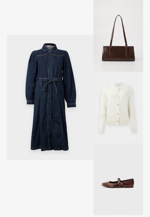 Kreem värvi kootud kardigan ümmarguse kaelusega, millel on neli suurt kuldset nööpi ning soonikkoes varrukad ja alläär. Tekstuuriga kangas.; Tume sinine denim kleit krae, ees nupud, pikad puff-sleeve'id ja seotud vöö. Omab õmblusdetailide lisandit.; Pruun patendiga nahast pallisaapad ruudukujulise varbaga ja rihmaga, millel on väike kuldne pandla. Sile tekstuur, madal konts ja minimalistlik disain.; Pruun läikiv naha käekott, millel on ristkülikuline kuju, kaks pikka käepidet ja esipaneelil peened kõverad aktsendid.