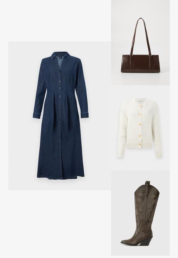 Crème, gebreide cardigan met een ronde halslijn, met vier grote, gouden knopen en geribbelde manchetten en zoom. Gestructureerde stof.; Denim overhemdjurk in donkerblauw; heeft lange mouwen, een knoopsluiting aan de voorkant en een kraag. Uitlopende stijl met verticale naden en een midilengte snit.; Bruine leren cowboylaars met een spitse neus, wiggenhak en decoratieve borduursels. Heeft een hoge schacht en een trekriem.; Bruine lakleren handtas met een rechthoekige vorm, twee lange handvatten en subtiele gebogen accenten aan de voorkant.