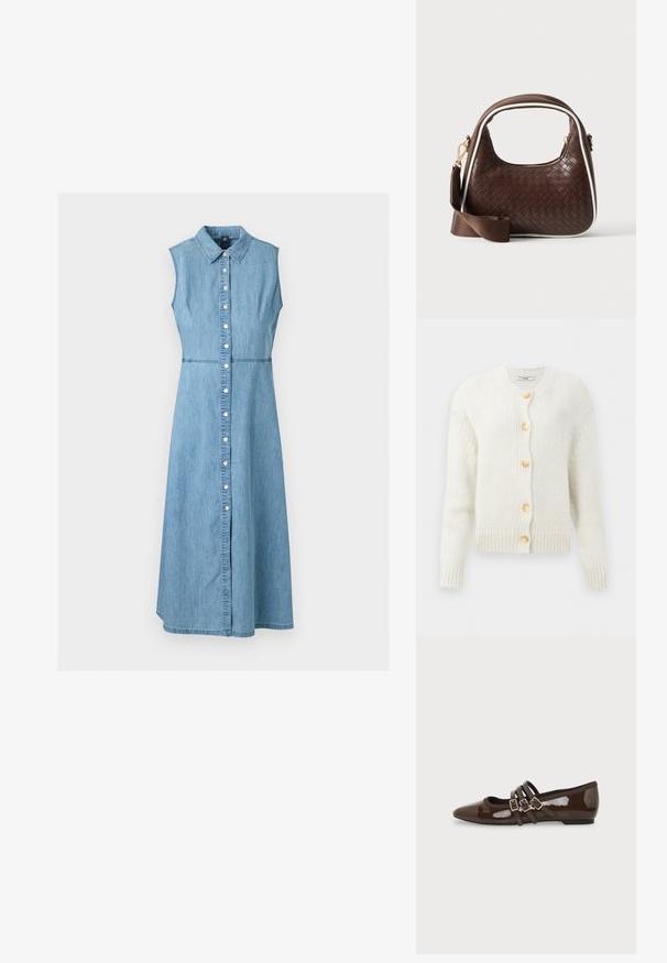 Kremfarvet, strikket cardigan med rund halsudskæring, der har fire store, guldfarvede knapper og ribbede manchetter og kant. Tekstureret stof.; Ærmeløs lyseblå denim midi-kjole med krave og knaplukning foran, figursyet talje og A-line nederdel.; Brun laklæder flad sko med spids tå og tre justerbare spænder på siden, vist fra ydersiden.; Brun vævet læderhåndtaske med hvid piping, guldfarvet lynlås og aftagelig brun stofskulderrem.