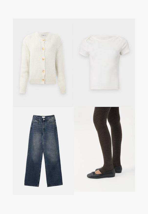 Crème, gebreide cardigan met een ronde halslijn, met vier grote, gouden knopen en geribbelde manchetten en zoom. Gestructureerde stof.; Witte baby- of peutertop met korte mouwen, geribbelde breiwerk, ronde hals en drukknoopjes op de schouder, tegen een effen achtergrond.; Heren hoge taille blauwe spijkerbroek met wijde pijpen, vooraan knoop en rits, en voor- en achterzakken.; Benen met donkere geribbelde leggings gecombineerd met zwarte ballerina's met kleine strikdetails op een witte achtergrond.