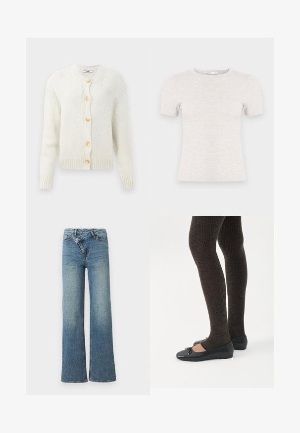 Crème, gebreide cardigan met een ronde halslijn, met vier grote, gouden knopen en geribbelde manchetten en zoom. Gestructureerde stof.; Lichtgrijs T-shirt met korte mouwen, gemaakt van geribbelde stof met een ronde hals. Eenvoudig ontwerp, gladde textuur, geen zichtbare patronen of accenten.; Lichtblauwe denim wijduitlopende jeans met een hoge taille, lichte vervaging en een knoopsluiting aan de voorkant. Voorzien van vijf zakken en minimale stiksels.; Benen met donkere geribbelde leggings gecombineerd met zwarte ballerina's met kleine strikdetails op een witte achtergrond.