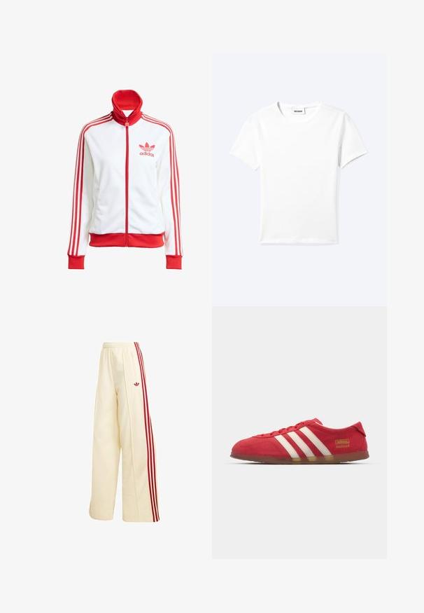 Weißer Trainingsjacke mit roten Akzenten, Vollreißverschluss, hohem Kragen, drei roten Streifen an den Ärmeln und gesticktem roten Adidas-Logo auf der Brust.; Einfaches weißes T-Shirt mit kurzen Ärmeln und Rundhalsausschnitt sowie kleinem "WEEKDAY"-Etikett im Nacken, flach auf einem hellen Hintergrund präsentiert.; Cremefarbene weite Trainingshose mit roten Seitenstreifen, elastischem Bund, Reißverschlusstasche und rotem Adidas-Logo am Oberschenkel.; Rote Wildledersneaker mit weißem Drei-Streifen-Design, flacher Außensohle und goldenen Logodetails. Niedrig geschnittenes Design mit runder Zehenpartie und Schnürverschluss.