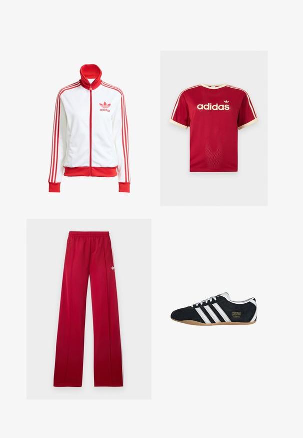 Witte sportjack met rode accenten, volledige rits, hoge kraag, drie rode strepen op de mouwen en geborduurd rood Adidas-logo op de borst.; Rood Adidas mesh t-shirt met beige bies aan de kraag, mouwen en de drie strepen op de schouders, met Adidas-logo en tekst op de voorkant.; Rode trainingsbroek met wijd uitlopende pijpen, elastische tailleband, zijzakken met rits, witte strepen aan de zijkanten en een klein wit logo op de linker dij.; Zwarte suède sneaker met witte drie strepen, gouden logo en een bruine rubberen zool. Heeft een laag profiel vetersluiting ontwerp.