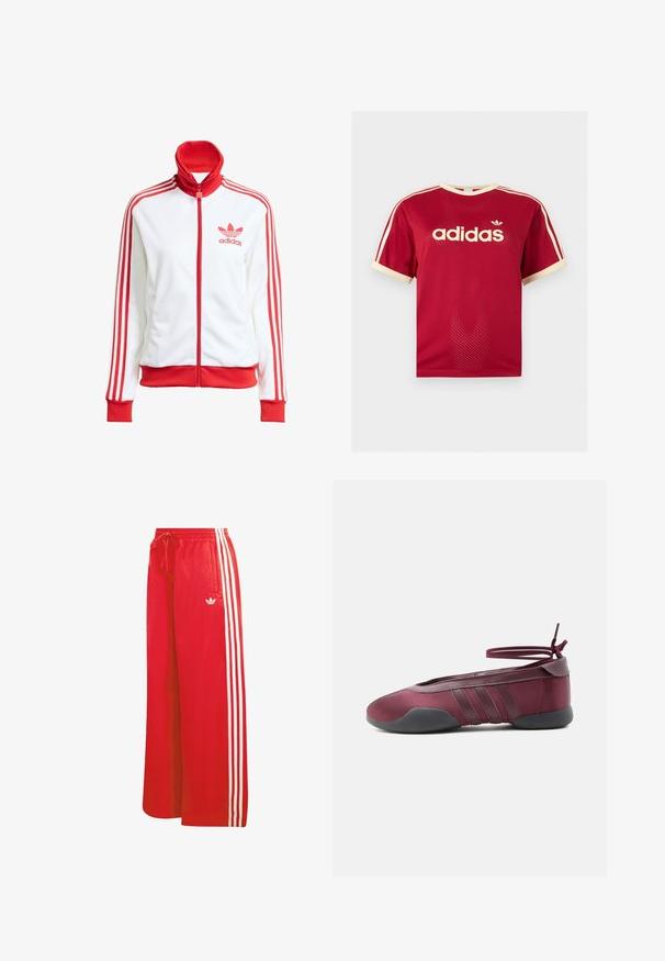 Hvid træningsjakke med røde accenter, fuld lynlås, høj krave, tre røde striber på ærmerne og broderet rødt Adidas-logo på brystet.; Rød Adidas mesh t-shirt med beige kant på krave, ærmer og de tre striber på skuldrene, med Adidas-logo og tekst på fronten.; Røde træningsbukser lavet af let materiale, med bred benudformning, elastisk talje, snøre og tre hvide striber på hver side.; Burgunderfarvet balletsko med sort sål, elastiske ankelstropper bundet i sløjfe og syninger på siderne, vist fra ydersiden.
