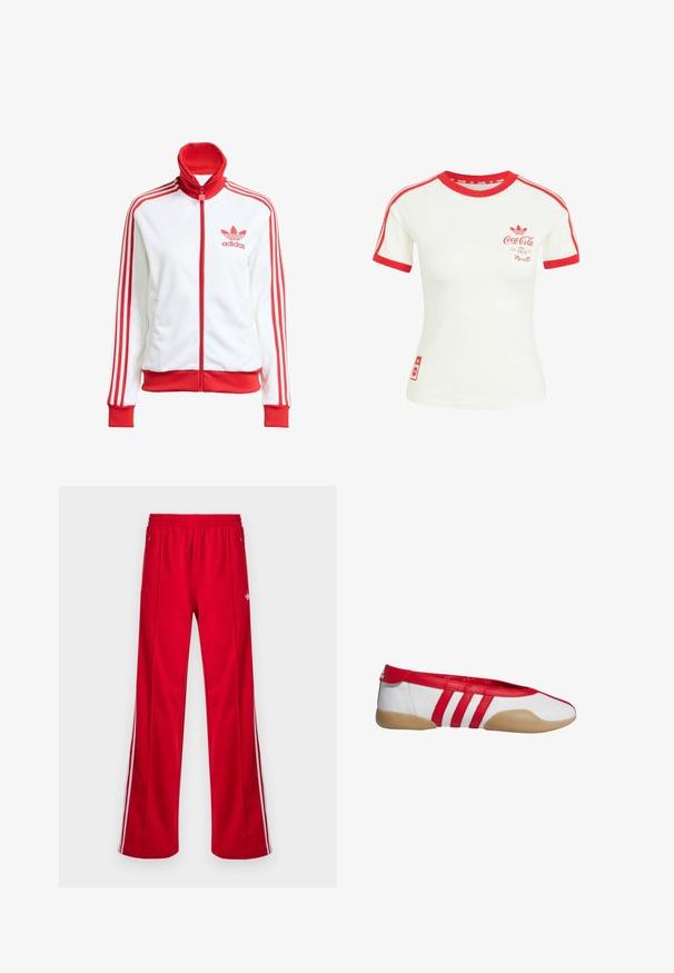 Witte sportjack met rode accenten, volledige rits, hoge kraag, drie rode strepen op de mouwen en geborduurd rood Adidas-logo op de borst.; Wit T-shirt met korte mouwen, rode kraag, mouwzoom, strepen en Coca-Cola-logo op de borst en onderzijde.; Rode sportieve broek met een losse pasvorm, elastische tailleband, twee zijzakken en witte zijstrepen. Gemaakt van glad, synthetisch materiaal.; Rode en witte platte schoen met een afgeronde neus, gemaakt van glad synthetisch materiaal. Heeft drie rode strepen en een beige rubberen zool.
