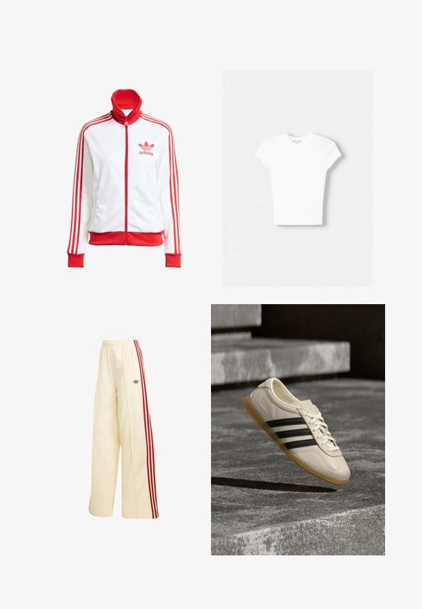 Hvid træningsjakke med røde accenter, fuld lynlås, høj krave, tre røde striber på ærmerne og broderet rødt Adidas-logo på brystet.; Hvid kortærmet t-shirt lavet af blød bomuld, med rund halsudskæring og en tætsiddende form. Ingen synlige mønstre eller udsmykninger.; Kremfarvede vidde træningsbukser med røde sidelommer, elastisk talje, lynlåslomme og rødt Adidas-logo på låret.; Hvid sneaker med sorte striber og gummisål svæver over betontrapper i blødt dagslys.