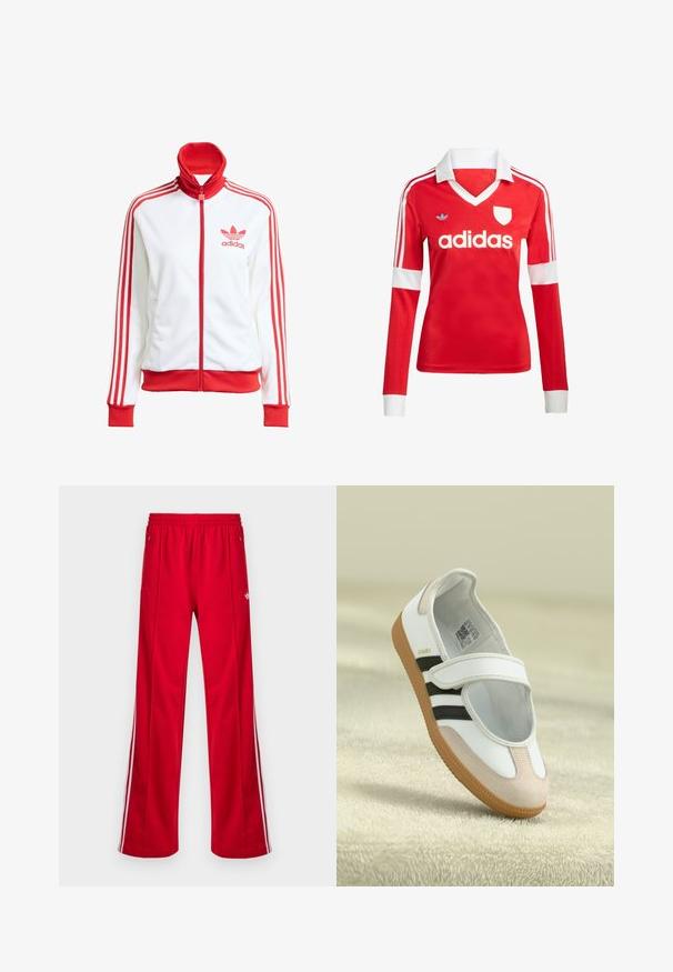 Witte sportjack met rode accenten, volledige rits, hoge kraag, drie rode strepen op de mouwen en geborduurd rood Adidas-logo op de borst.; Rode lange mouwen voetbalshirt met een witte kraag en manchetten. Heeft drie witte strepen op de schouders en het "adidas" logo prominent weergegeven.; Rode sportieve broek met een losse pasvorm, elastische tailleband, twee zijzakken en witte zijstrepen. Gemaakt van glad, synthetisch materiaal.; Witte schoen met een roze suède neus, zwarte strepen en een klittenbandsluiting. Heeft een tan rubberen zool en een logo aan de zijkant.
