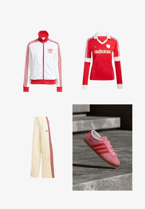 Weißer Trainingsjacke mit roten Akzenten, Vollreißverschluss, hohem Kragen, drei roten Streifen an den Ärmeln und gesticktem roten Adidas-Logo auf der Brust.; Rotes Fußballtrikot mit langen Ärmeln, weißem Kragen und weißen Ärmelbündchen. Es hat drei weiße Streifen auf den Schultern und das "adidas"-Logo ist auffällig platziert.; Cremefarbene weite Trainingshose mit roten Seitenstreifen, elastischem Bund, Reißverschlusstasche und rotem Adidas-Logo am Oberschenkel.; Rosa Wildledersneaker mit roten Streifen, einer Gummisohle und pinkfarbenen Schnürsenkeln. Mit dem "Adidas Gazelle"-Logo an der Seite.