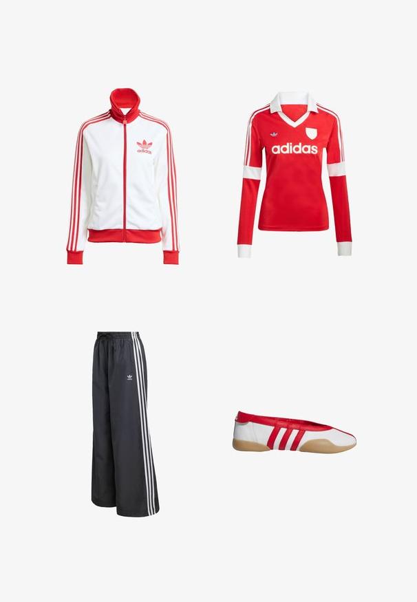 Hvid træningsjakke med røde accenter, fuld lynlås, høj krave, tre røde striber på ærmerne og broderet rødt Adidas-logo på brystet.; Rød langærmet fodboldtrøje med hvid krave og manchetter. Har tre hvide striber på skuldrene og "adidas" logoet fremtrædende vist.; Sorte atletikbukser lavet af letvægtsmateriale, med tre hvide lodrette striber og en elastisk talje med snøre.; Rød og hvid flad sko med rund tå, lavet af glat syntetisk materiale. Har tre røde striber og en tanfarvet gummisål.