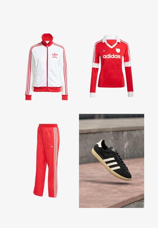 Witte sportjack met rode accenten, volledige rits, hoge kraag, drie rode strepen op de mouwen en geborduurd rood Adidas-logo op de borst.; Rode lange mouwen voetbalshirt met een witte kraag en manchetten. Heeft drie witte strepen op de schouders en het "adidas" logo prominent weergegeven.; Rode sportbroek van gladde stof, voorzien van een aansluitende tailleband, een zak met rits en drie witte zijstrepen met een klein logo.; Zwarte Adidas sneaker met witte strepen en beige zool, vastgelegd in de lucht boven een stenen oppervlak en een stenen muur op de achtergrond.
