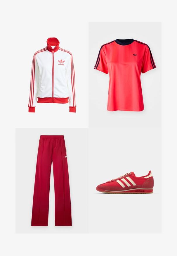 Weißer Trainingsjacke mit roten Akzenten, Vollreißverschluss, hohem Kragen, drei roten Streifen an den Ärmeln und gesticktem roten Adidas-Logo auf der Brust.; Rotes sportliches T-Shirt mit kurzen Ärmeln, das von vertikalen Streifen, einem marineblauen Rundhalsausschnitt und einem kleinen schwarzen Logo auf der Vorderseite geprägt ist.; Rote weite Jogginghosen mit elastischem Bund, seitlichen Reißverschlusstaschen, weißen Streifen an den Seiten und kleinem weißem Logo am linken Oberschenkel.; Rote Sportsneaker mit strukturiertem Obermaterial, drei weißen Streifen, runder Zehenpartie und einer Gummisohle mit Logodetails an der Seite.