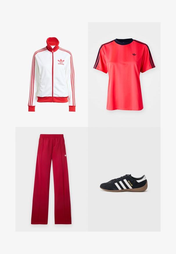 Weißer Trainingsjacke mit roten Akzenten, Vollreißverschluss, hohem Kragen, drei roten Streifen an den Ärmeln und gesticktem roten Adidas-Logo auf der Brust.; Rotes sportliches T-Shirt mit kurzen Ärmeln, das von vertikalen Streifen, einem marineblauen Rundhalsausschnitt und einem kleinen schwarzen Logo auf der Vorderseite geprägt ist.; Rote weite Jogginghosen mit elastischem Bund, seitlichen Reißverschlusstaschen, weißen Streifen an den Seiten und kleinem weißem Logo am linken Oberschenkel.; Schwarzer Veloursleder-Sneaker mit drei weißen Streifen, Gummisohle und einem kleinen goldenen Logo an der Seite. Verfügt über ein glattes schwarzes Innenfutter.