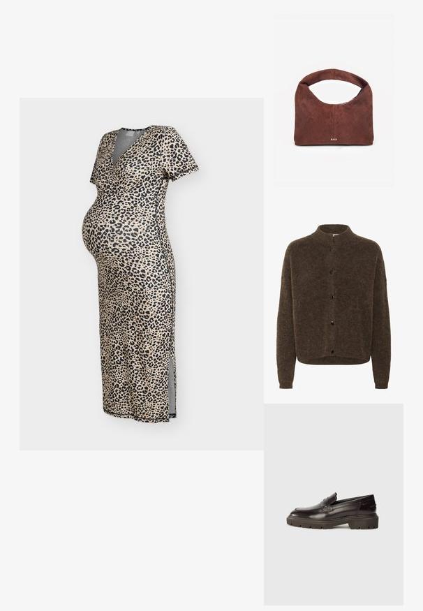 Cardigan en laine marron duveteux à manches longues et à encolure ronde haute, doté de cinq boutons noir sur le devant.; Robe de maternité à manches courtes, col en V, motif léopard, taille cintrée, et fente latérale s'étendant sous le genou.; Mocassins en cuir marron foncé avec un bout arrondi, une semelle épaisse contrastante, des détails de couture et une petite sangle décorative sur le devant.; Sac à main en daim marron avec poignée arrondie, texture douce, couture verticale et logo doré "RAID" au centre devant.