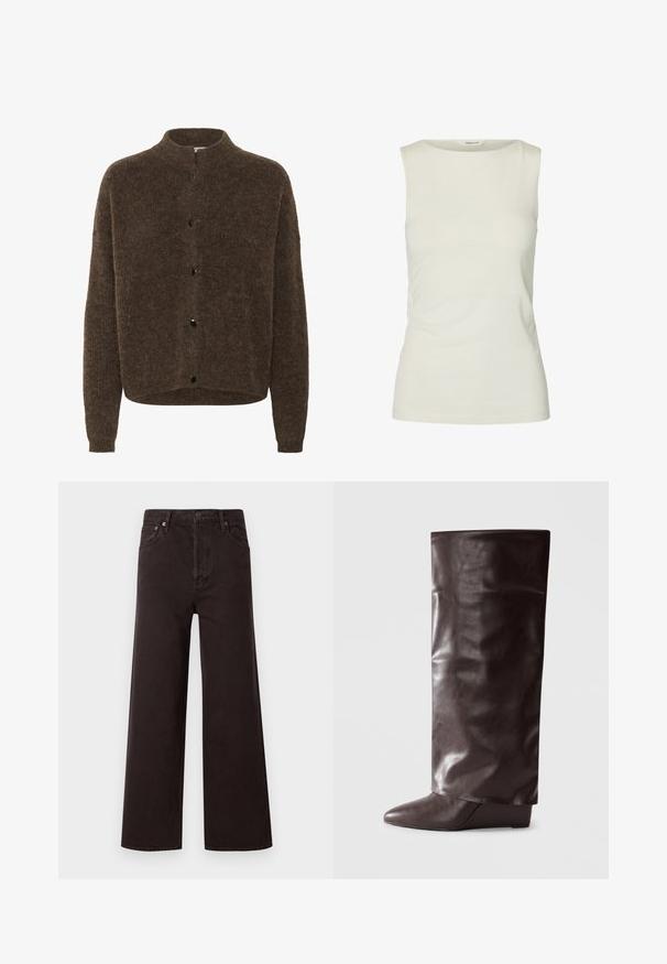 Cardigan en laine marron duveteux à manches longues et à encolure ronde haute, doté de cinq boutons noir sur le devant.; Débardeur blanc uni sans manches avec un col rond, fabriqué en tissu lisse, présenté sur fond blanc.; Jean noir à jambes larges avec taille haute, fabriqué en denim. Dispose de cinq poches et d'une fermeture à bouton en métal, texture lisse et design classique.; Botte en cuir marron hauteur genou avec une texture lisse, bout effilé, talon compensé bas et une finition légèrement froissée.