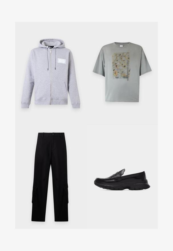 Sweat à capuche gris clair zippé avec poches avant, capuche ajustable par cordon, et une petite étiquette blanche rectangulaire sur le côté gauche de la poitrine.; T-shirt oversized gris avec un imprimé abstrait estompé représentant une foule et le texte vertical "WON HUNDRED" au centre avant.; Pantalon cargo noir droit avec passants de ceinture, bouton frontal, fermeture éclair et poches à rabat sur chaque cuisse.; Mocassin noir brillant avec semelle épaisse texturée et détails cousus, profil latéral sur fond gris clair uni.