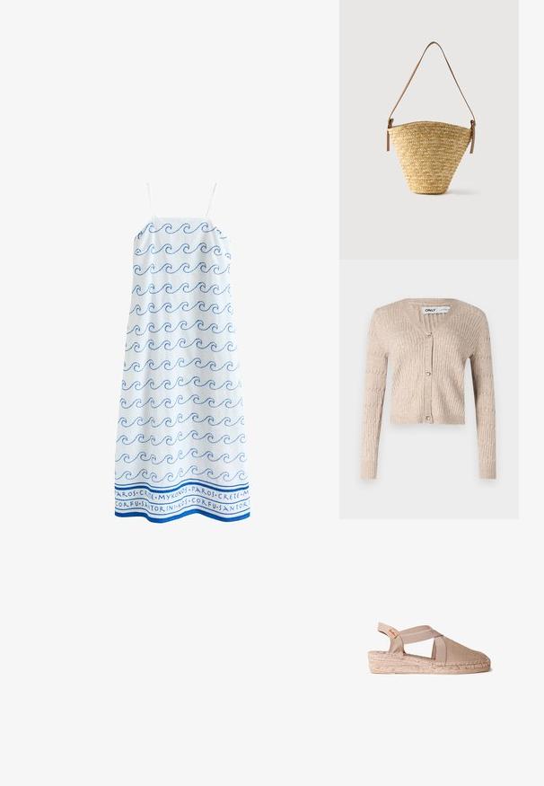 Beige neule. pitkät hihat, v-pääntie ja sydämenmuotoiset kultanapit. Sisältää ribbikuvion ja lyhyemmän muotoilun.; Valkoinen hihaton mekko, jossa ohuet olkaimet, sinisiä aaltokuvioita kauttaaltaan ja kreikkalaisten saarten nimiä helman kohdalla.; Beige kangas espadrillit elastisilla ristiin menevillä remmeillä, avoimella kantapäällä ja punotulla juuttipohjalla.; Kudottu olkilaukku, jossa leveä pohja, kapea yläosa ja säädettävä ruskea nahkainen olkahihna.